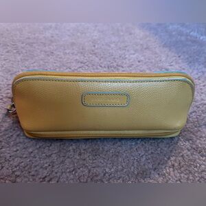 Vintage BAEKGAARD Cosmetics Makeup Zip Case Yellow & Light Blue Leather + Mirror